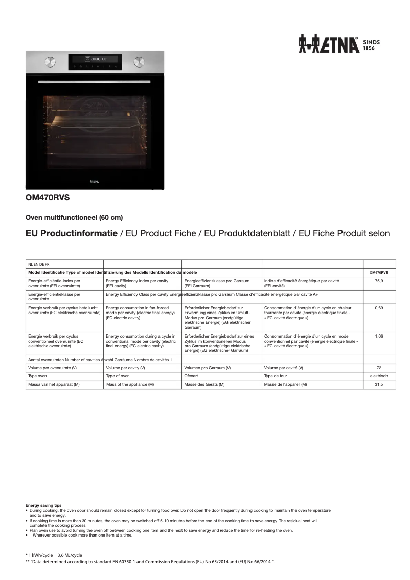 Page n°1 - Fiche technique Etna CM450RVS