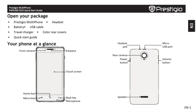Page 1 de la notice Guide de démarrage rapide Prestigio MultiPhone 5500 DUO