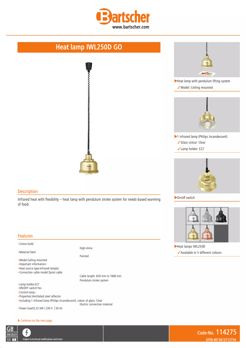Page n°1 - Fiche technique Bartscher IWL250D GO