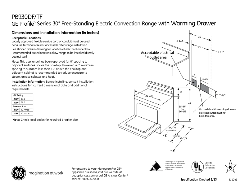 Page n°1 - Fiche technique GE PB930DFBB