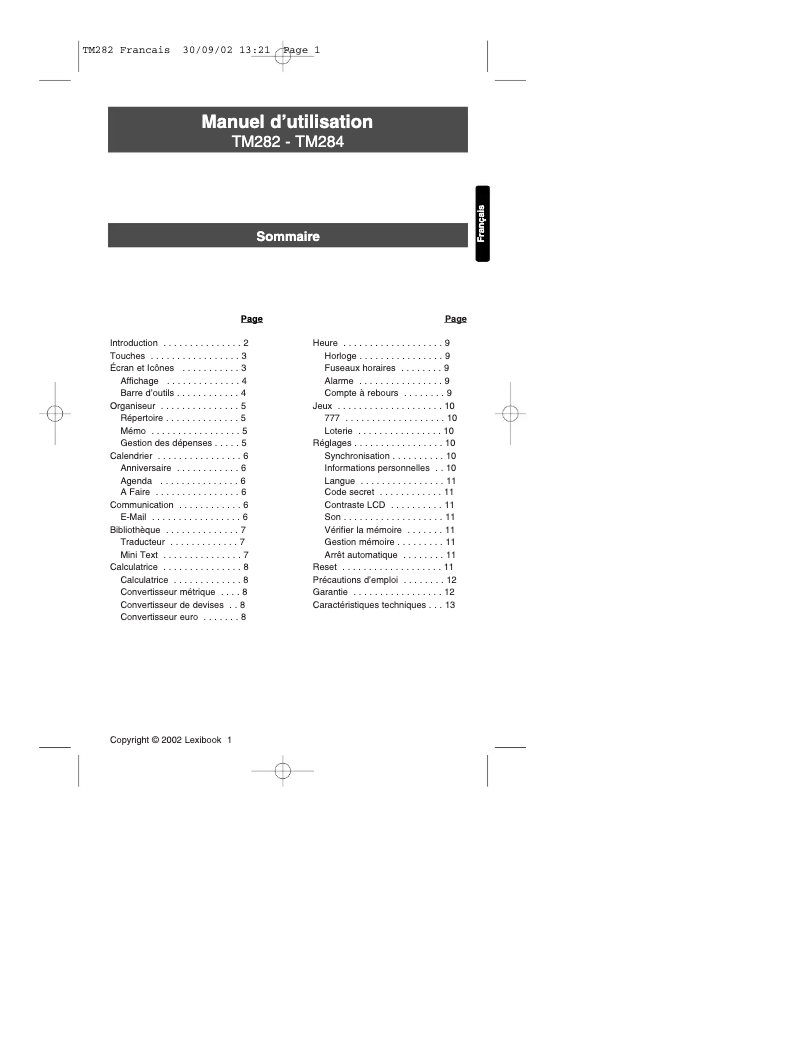 Page 1 de la notice Manuel utilisateur Lexibook Touchman TM282