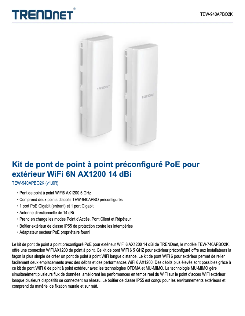 Page n°1 - Fiche technique TRENDnet TEW-940APBO2K