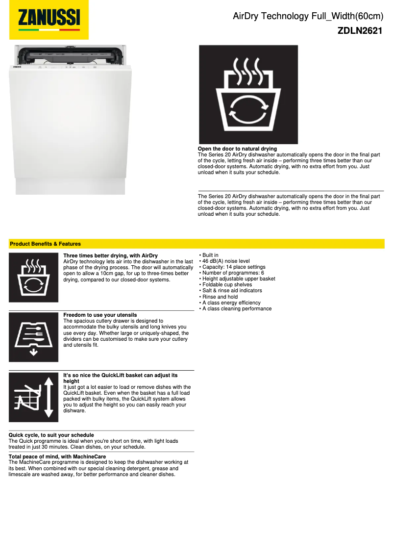 Page 1 de la notice Fiche technique Zanussi ZDLN2621