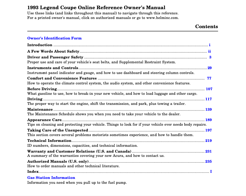 Page 1 de la notice Manuel utilisateur Acura Legend (1993)