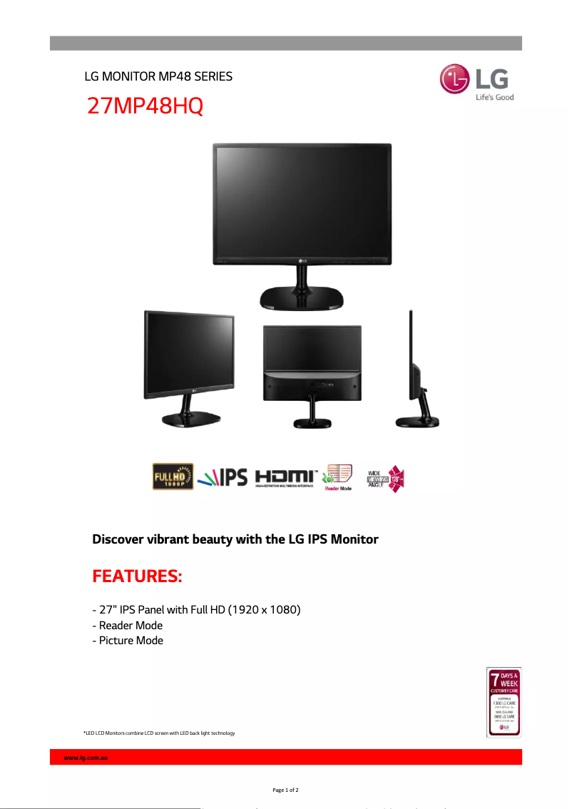 Page 1 de la notice Fiche technique LG 27MP48HQ-P