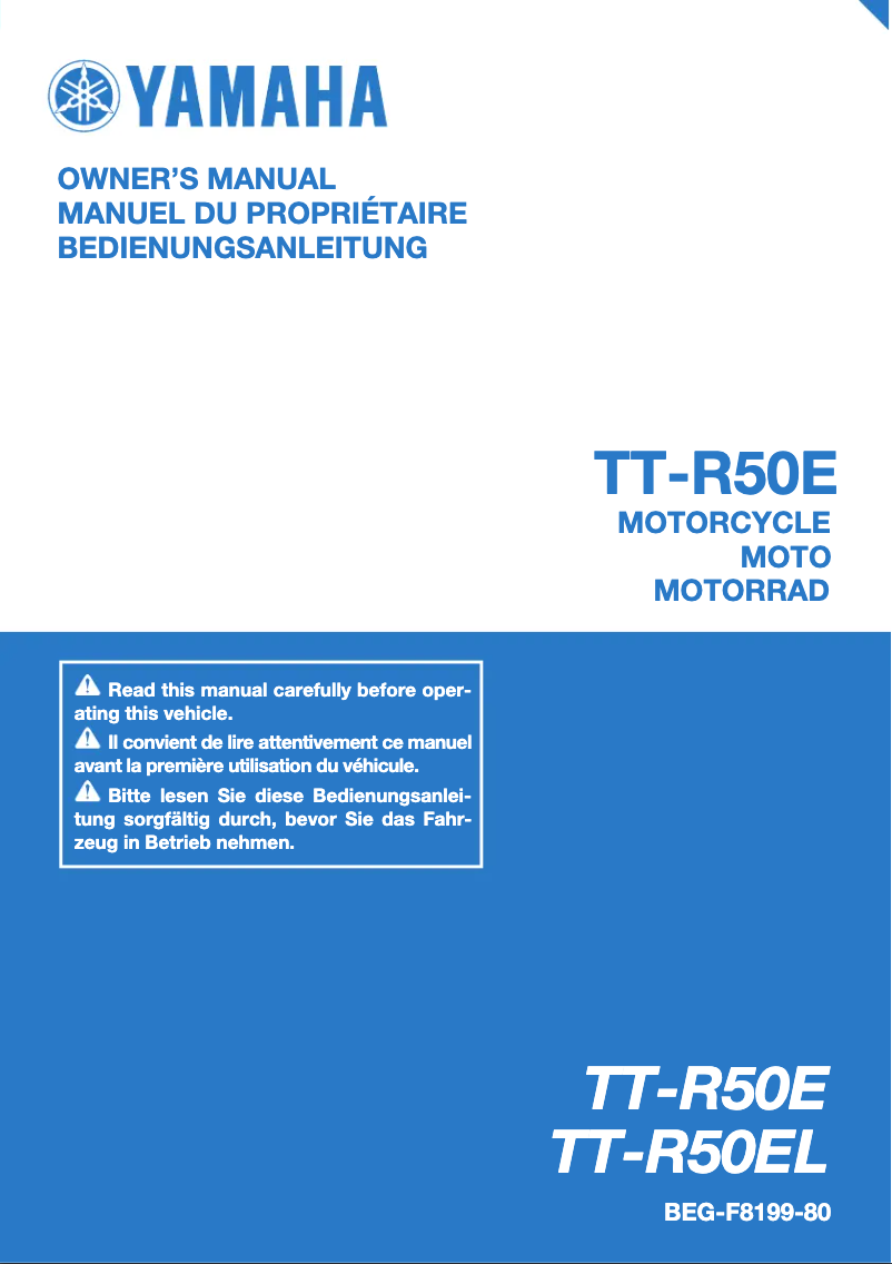 Page 1 de la notice Manuel utilisateur Yamaha TT-R50E (2020)
