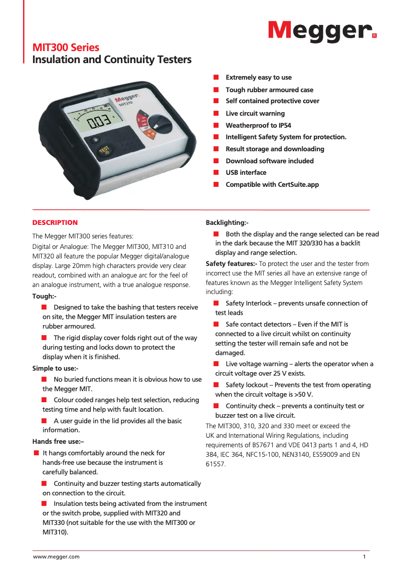 Page 1 de la notice Fiche technique Megger MIT300
