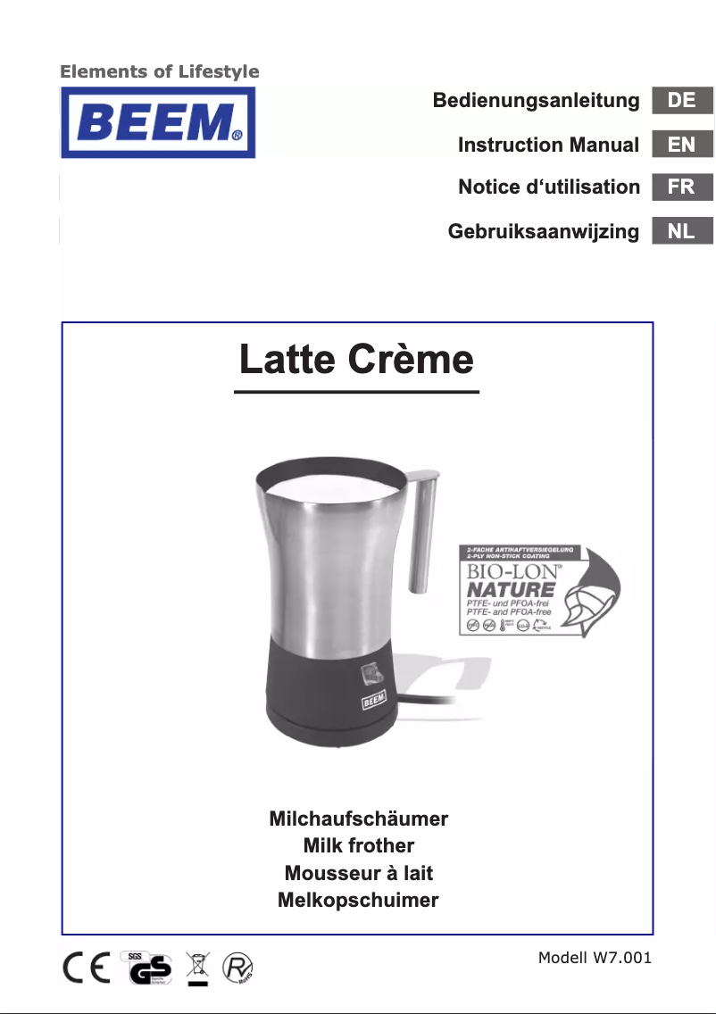 Page 1 de la notice Manuel utilisateur BEEM Latte Creme W7.001