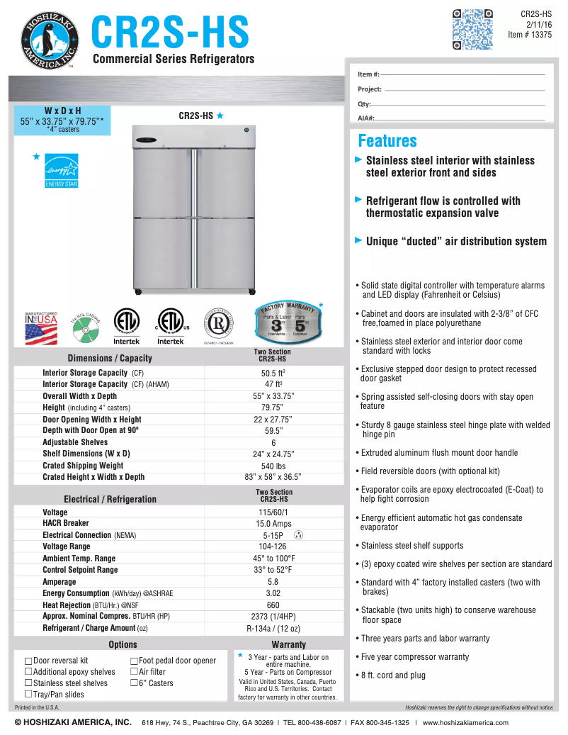 Image de la première page du manuel de l'appareil Commercial CR2S-HS