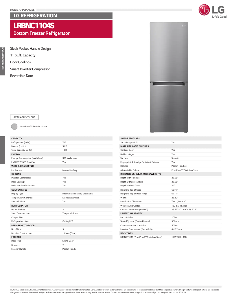 Página 1 del manual Ficha técnica LG LRBNC1104S