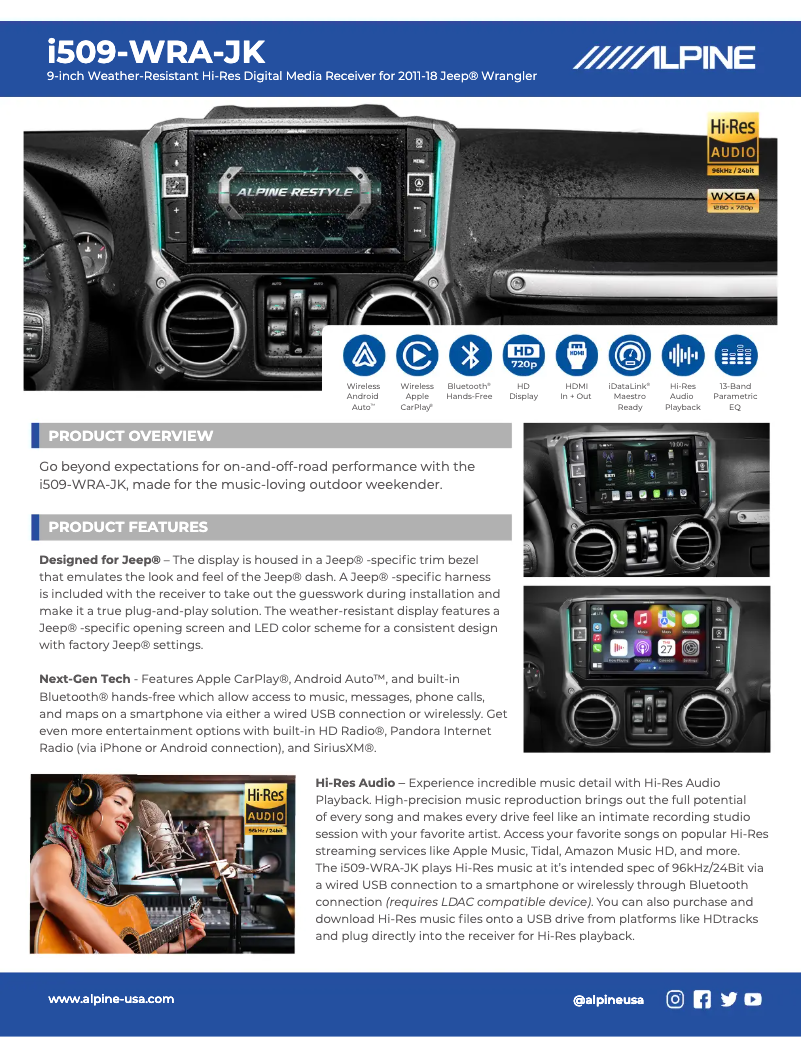 Page 1 de la notice Fiche technique Alpine Restyle i509-WRA-JK