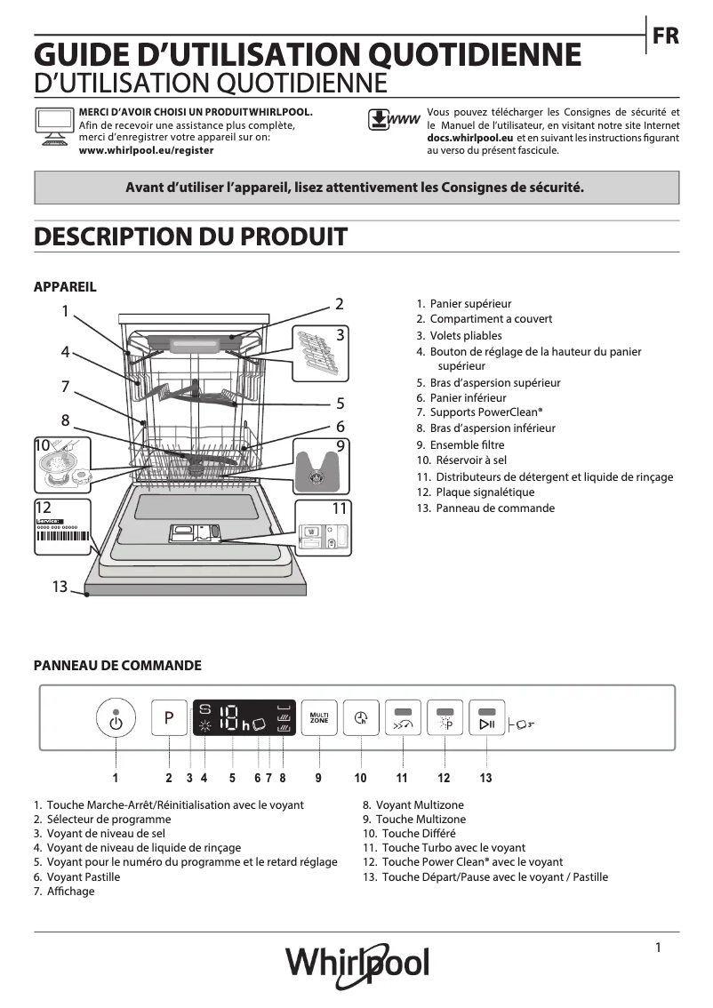 Page 1 de la notice Manuel utilisateur Whirlpool WIO 3T133 PLE
