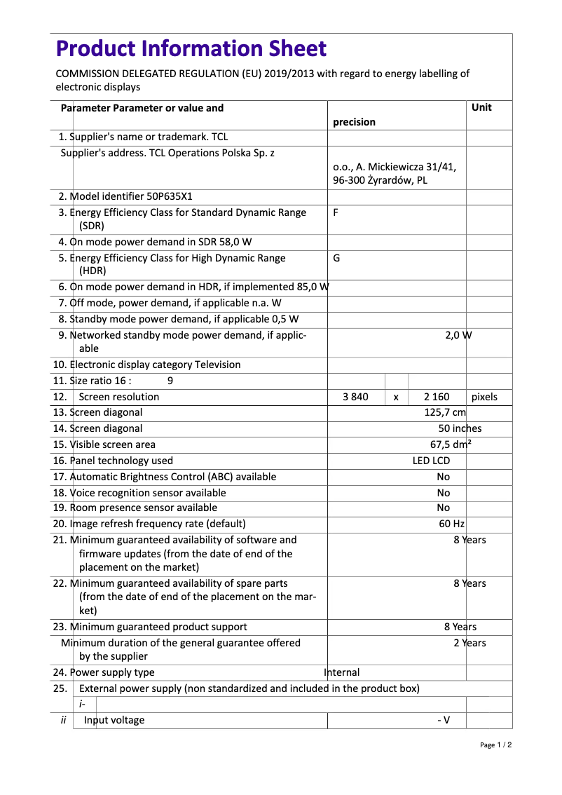 Page 1 de la notice Fiche technique TCL 50P635