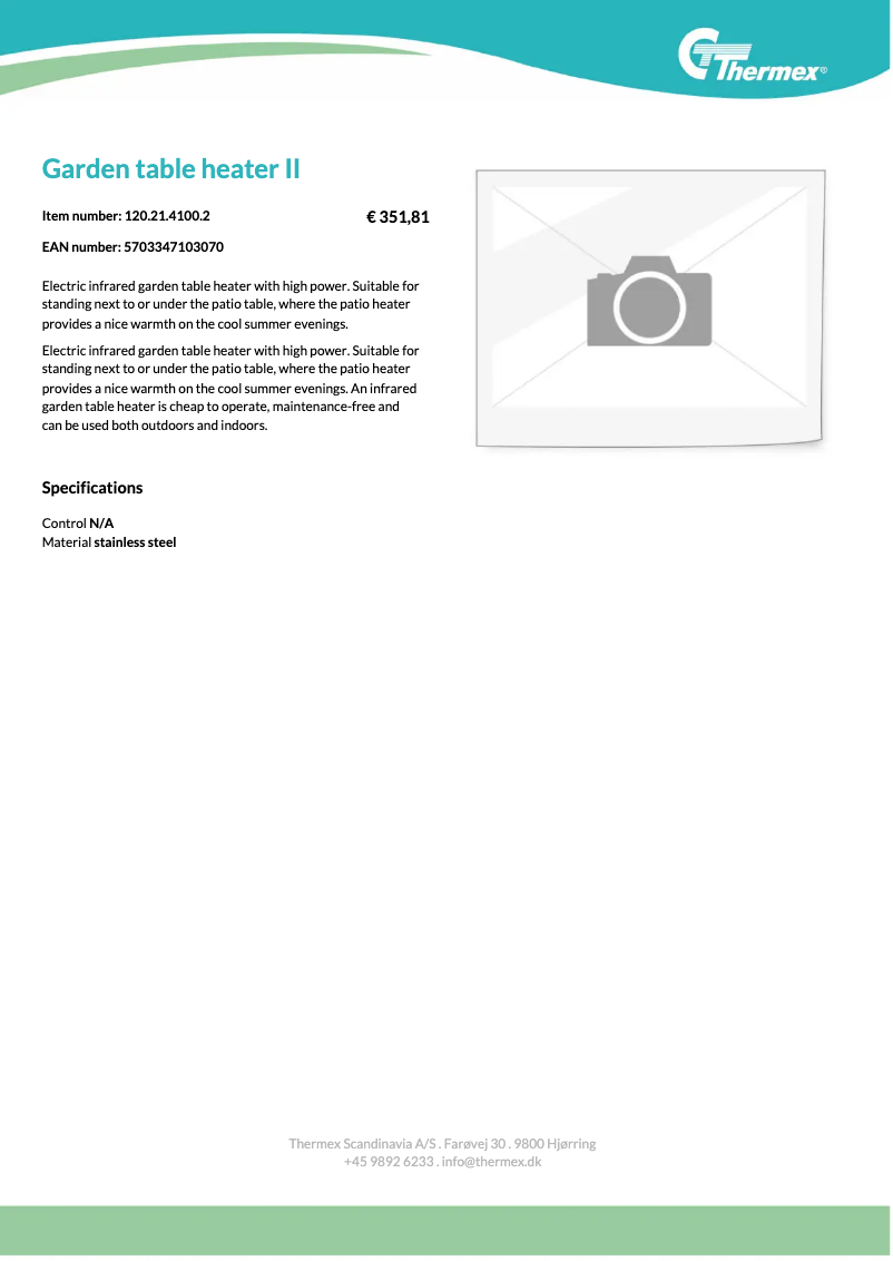 Page 1 de la notice Fiche technique Thermex Garden table heater II