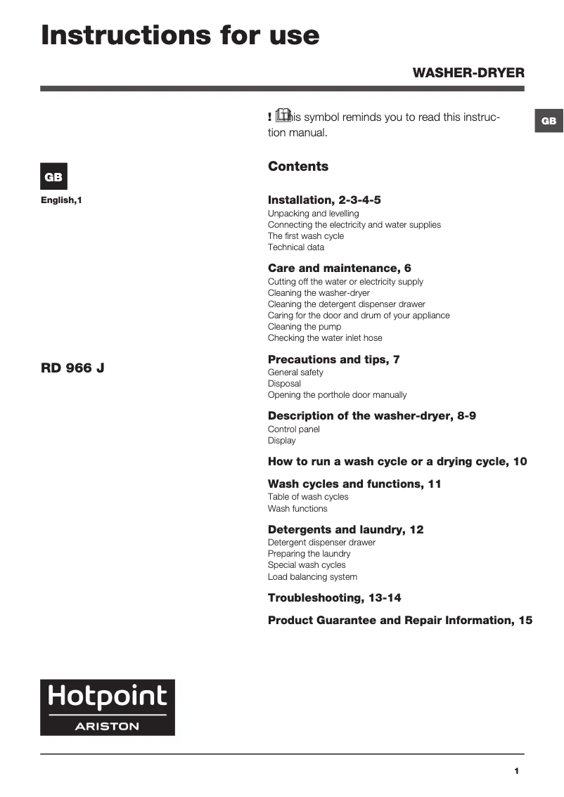 Page 1 de la notice Manuel utilisateur Hotpoint Ariston RD 966 JGD UK
