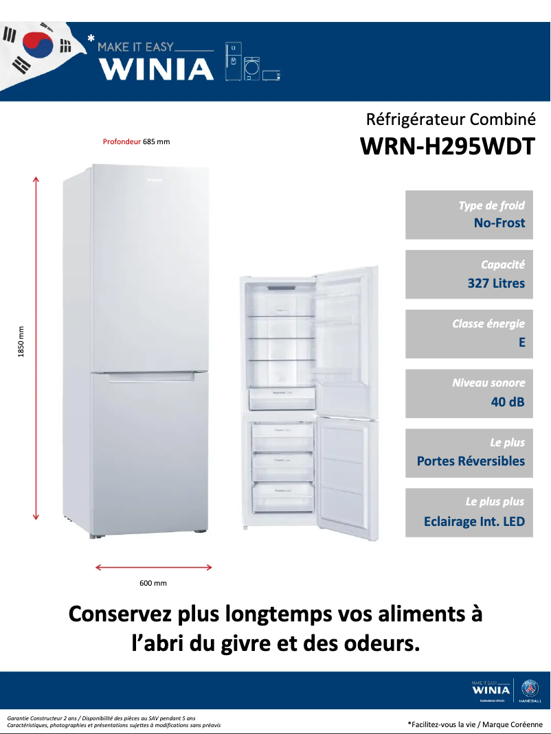 Page 1 de la notice Fiche technique Winia WRN-H295W