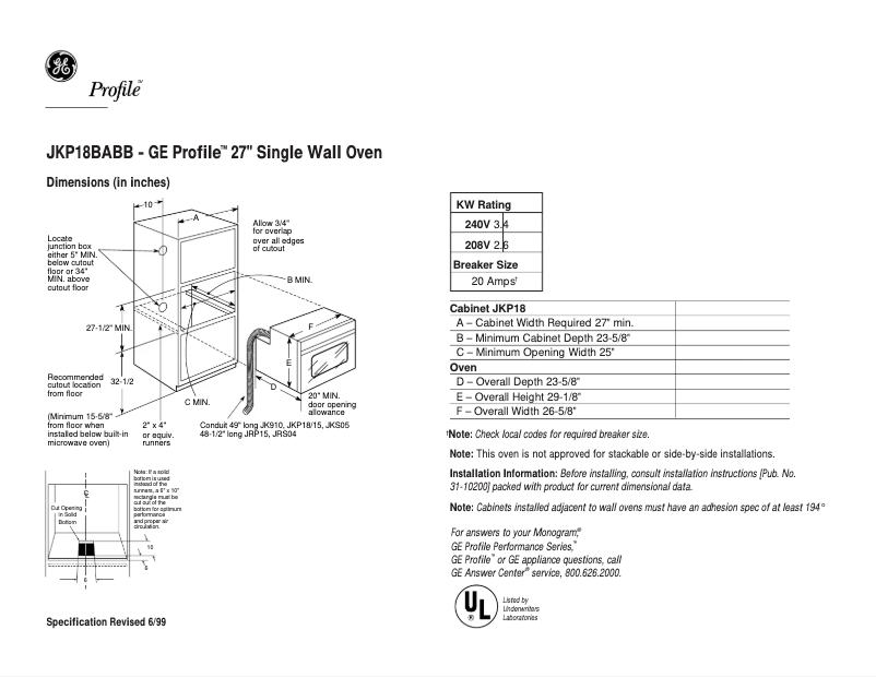 Page 1 de la notice Fiche technique GE Profile JKP18BABB