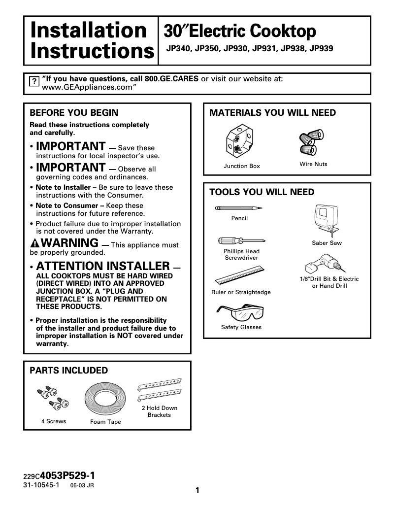 Page n°1 - Guide d'installation GE Profile JP939WHWW