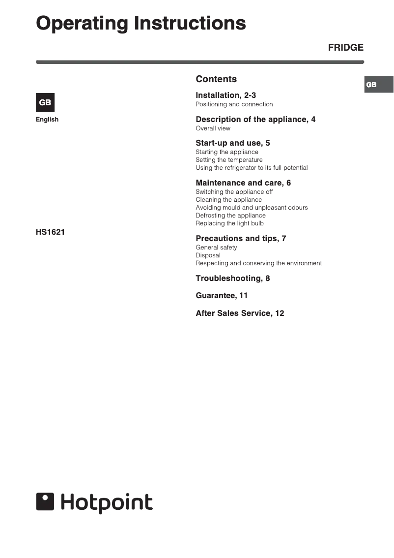 Page 1 de la notice Manuel utilisateur Hotpoint HS1621