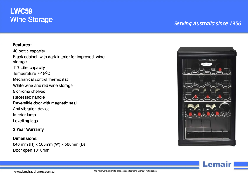 Page 1 de la notice Fiche technique Lemair LWC59