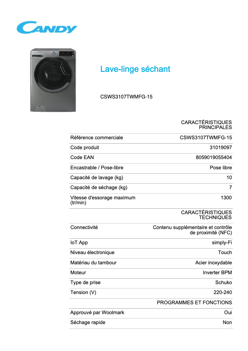 Page 1 de la notice Fiche technique Candy CSWS3107TWMFG-15