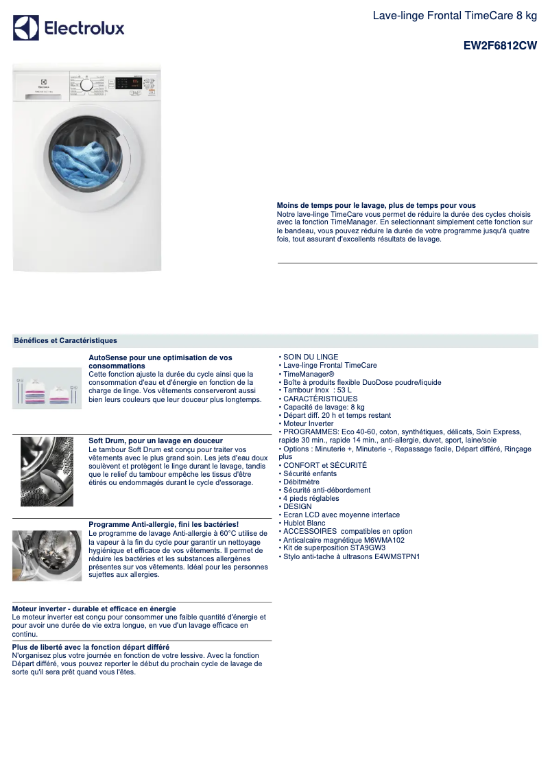 Page 1 de la notice Fiche technique Electrolux EW2F6812CW