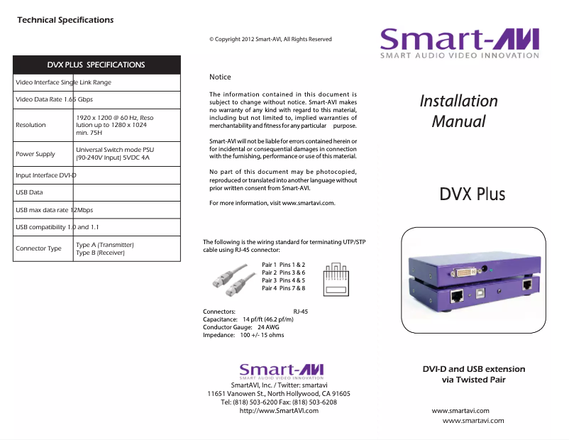 Page n°1 - Manuel utilisateur Smart-AVI DVX-PLUS