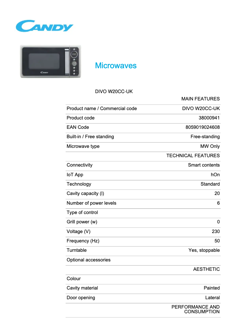 Page 1 de la notice Fiche technique Candy DIVO W20CC-UK