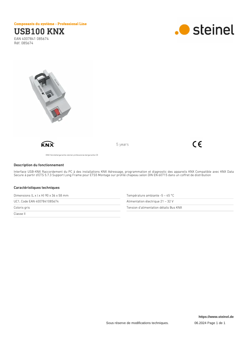 Page 1 de la notice Fiche technique Steinel USB100 KNX
