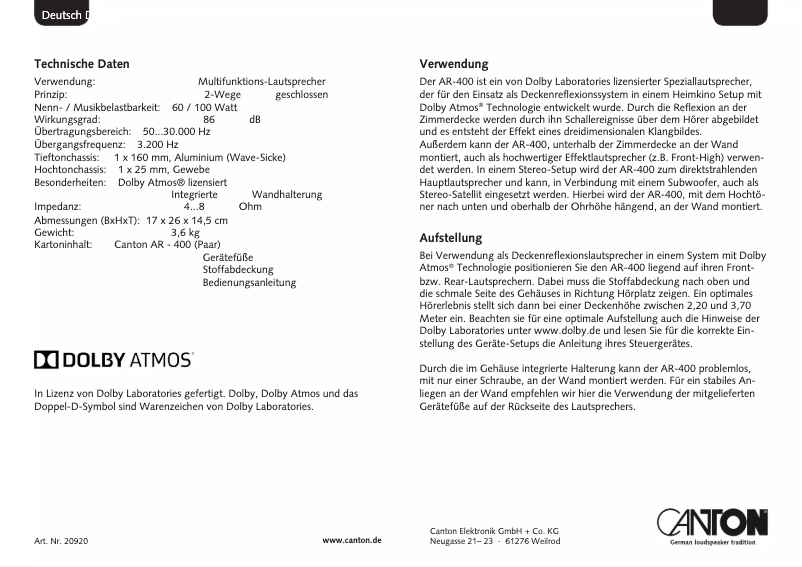 Page 1 de la notice Manuel utilisateur Canton AR-500