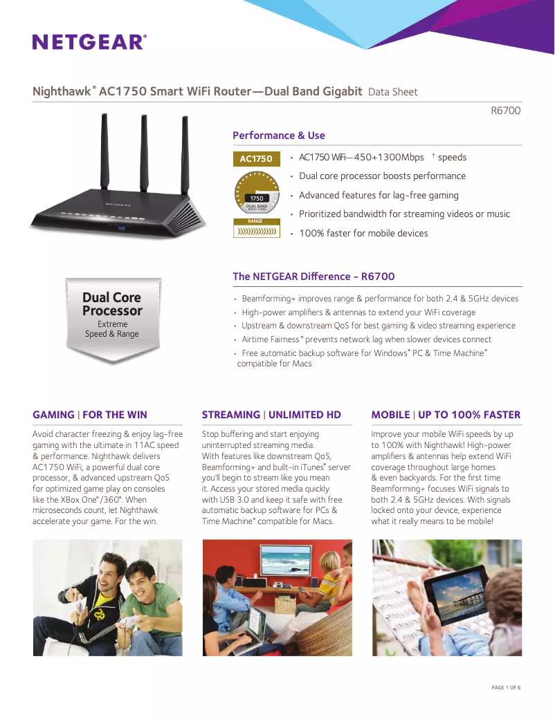 Page 1 de la notice Fiche technique Netgear Nighthawk R6700v2