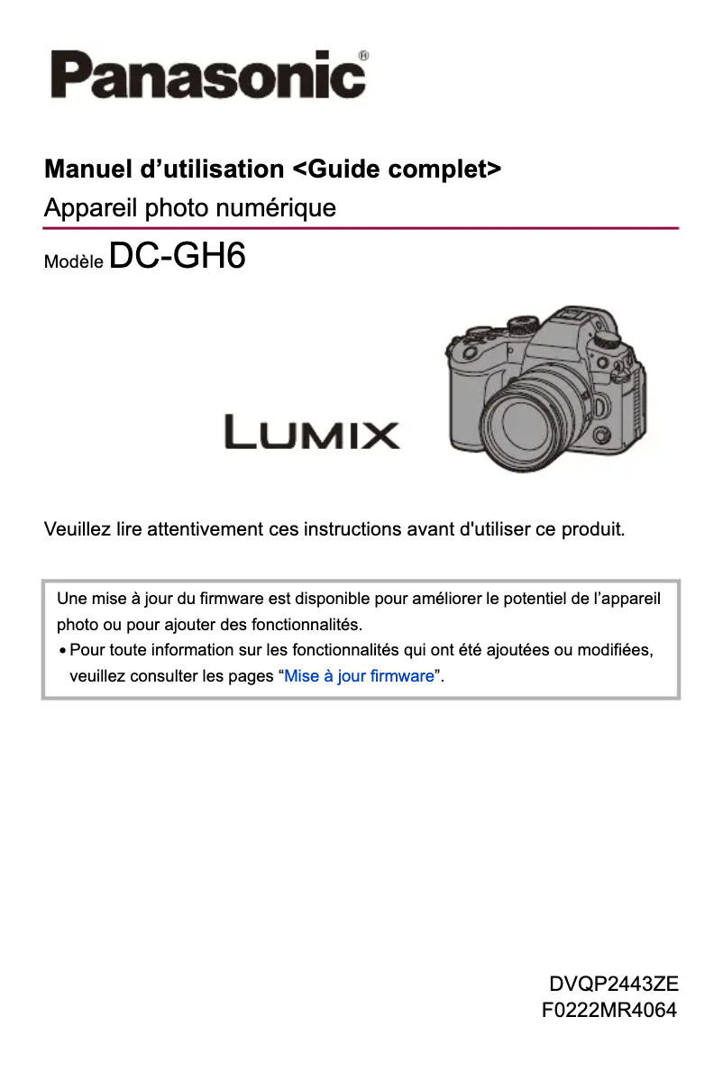 Page 1 de la notice Manuel utilisateur Panasonic Lumix DC-GH6