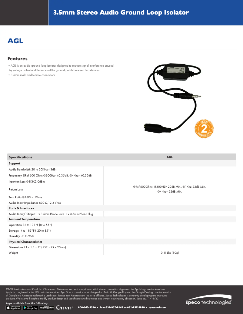 Página 1 del manual Ficha técnica Speco Technologies AGL