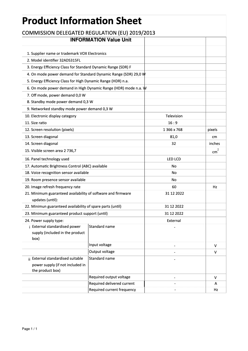 Page 1 de la notice Manuel utilisateur VOX 32ADS315FL