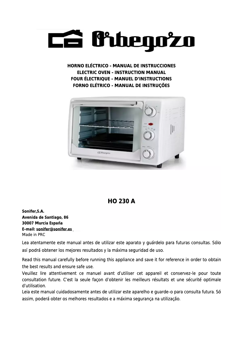Page 1 of the manual User Manual Orbegozo HO 230 A
