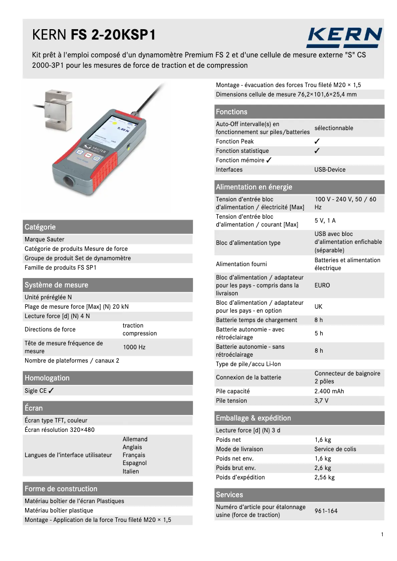 Page 1 de la notice Fiche technique Kern FS 2-20KSP1