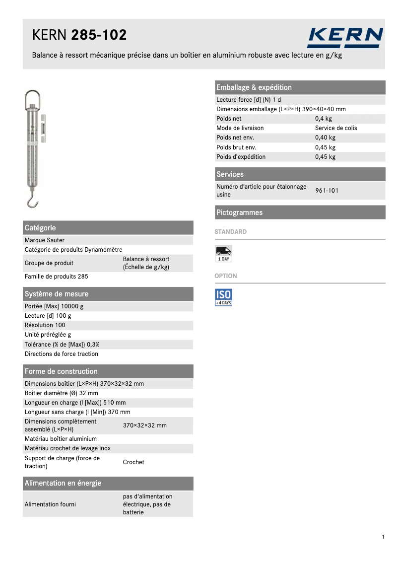Page 1 de la notice Fiche technique Kern 285-102