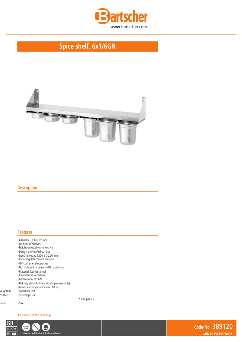 Page 1 de la notice Manuel utilisateur Bartscher 389120