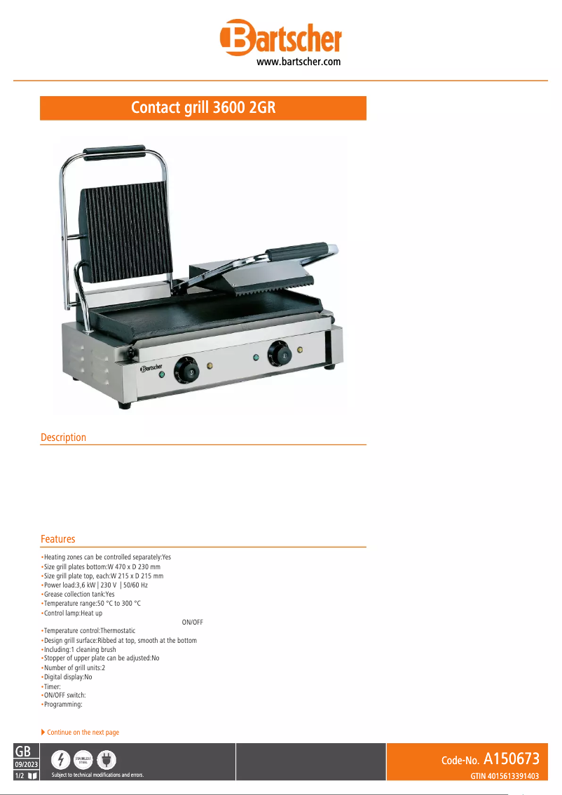 Page n°1 - Fiche technique Bartscher A150673