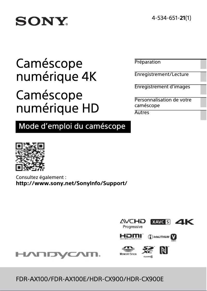 Page 1 de la notice Manuel utilisateur Sony HDR-CX900E