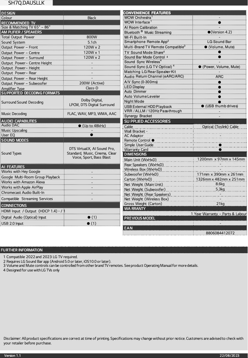 Page 1 de la notice Fiche technique LG SH7Q