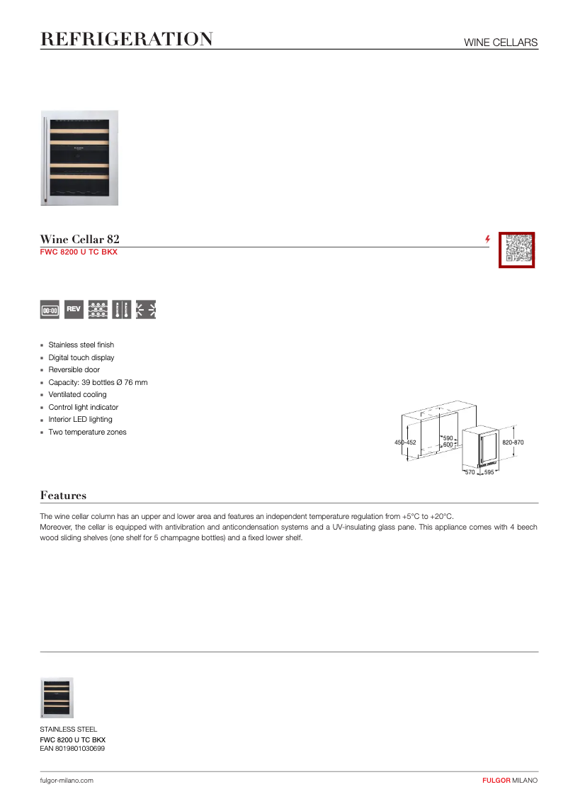 Page 1 de la notice Fiche technique Fulgor Milano FWC 8200 U TC BKX
