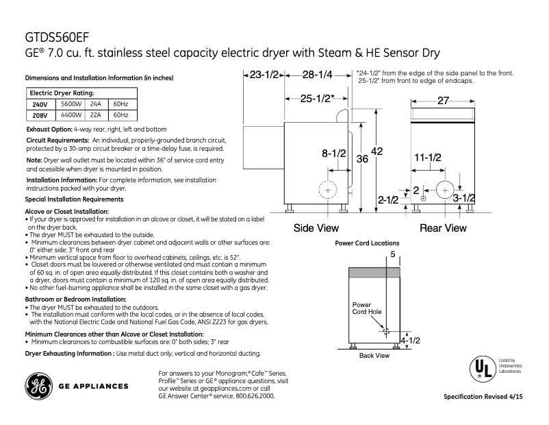 Page 1 de la notice Fiche technique GE GTDS560EFWS