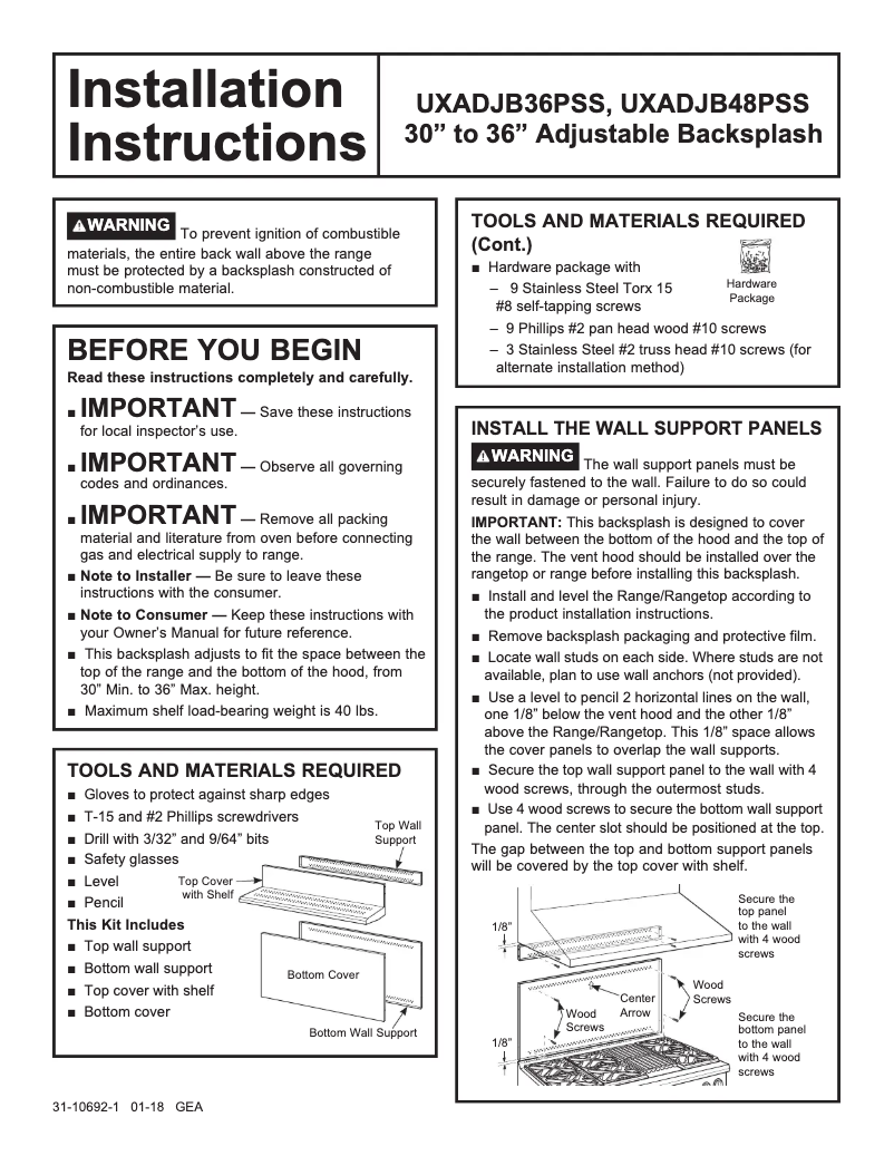 First page image of the manual for UXADJB36PSS