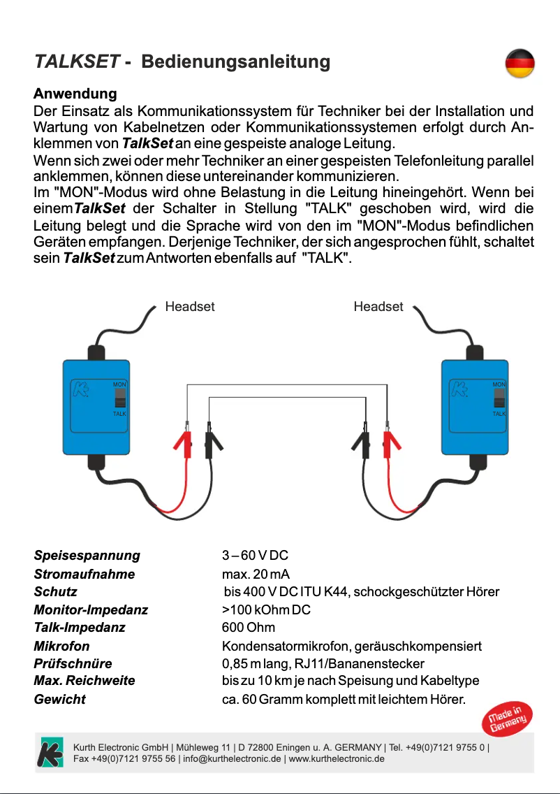 Page 1 de la notice Manuel utilisateur Kurth Electronic TalkSet