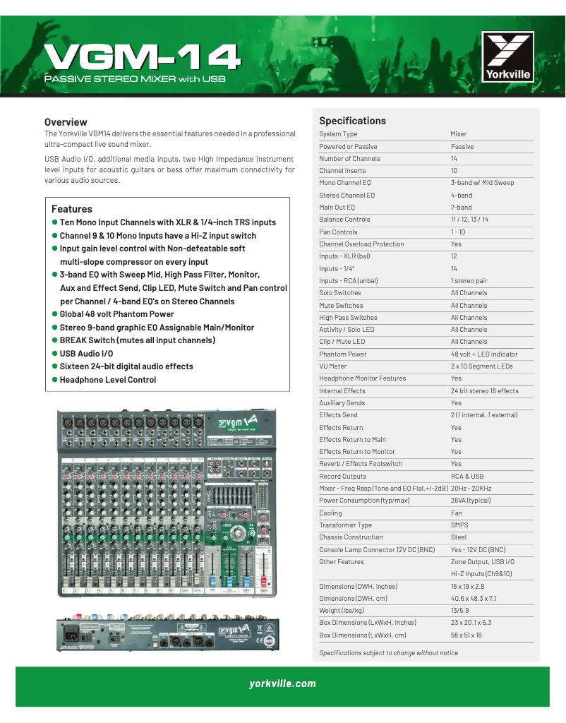 Page n°1 - Fiche technique Yorkville VGM14