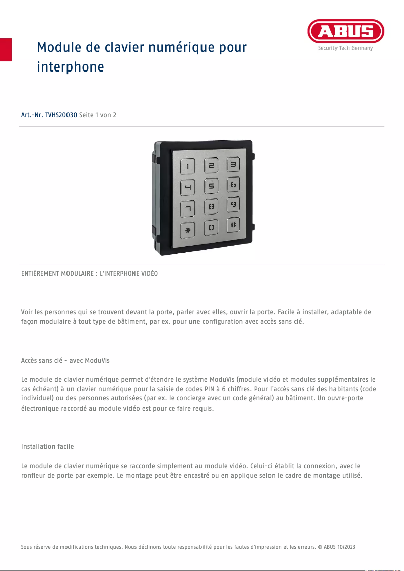 Página 1 del manual Ficha técnica Abus TVHS20030