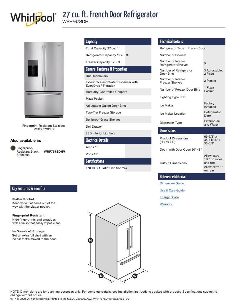 Page 1 de la notice Fiche technique Whirlpool WRF767SDHV