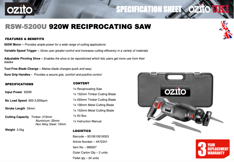 Page 1 de la notice Fiche technique Ozito RSW-5200U