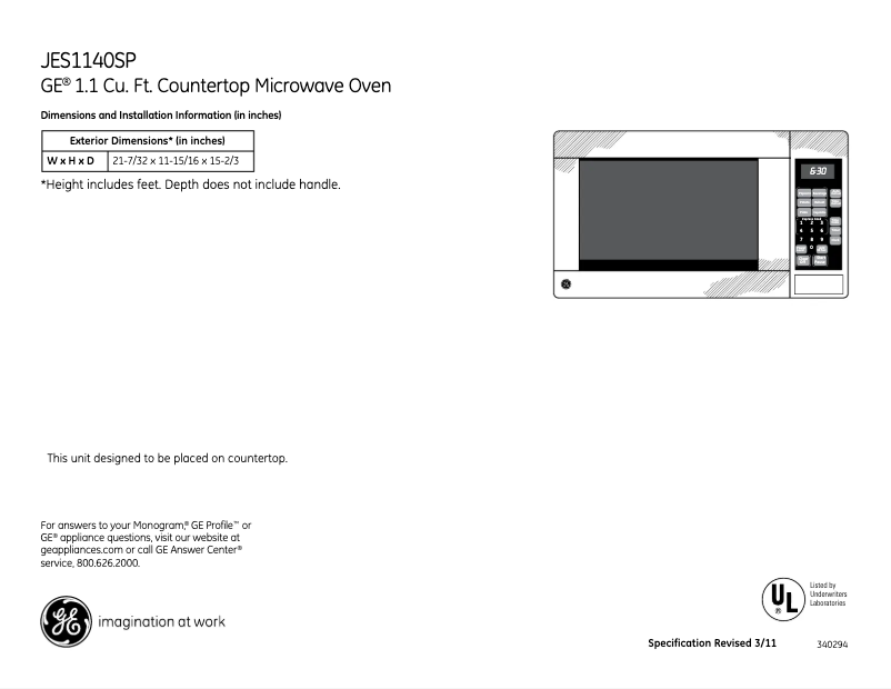 Page 1 de la notice Manuel utilisateur GE JES1140SPSS